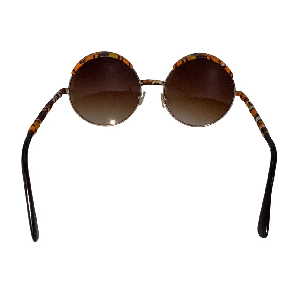 Womens Round Teashades‎ Sunglasses Gold Frame Orange Brown Fabric Accents Unique